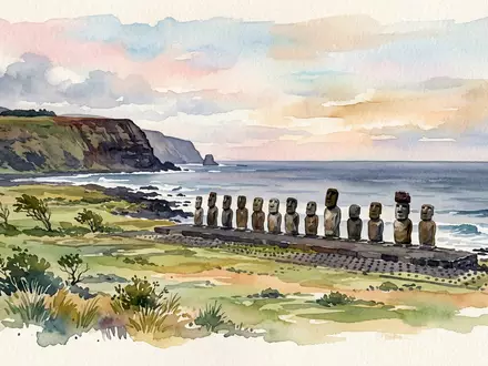 Aquarellillustration des Wahrzeichens Moai von Osterinsel in Hanga Roa Chile, weiche Farbverläufe und pastelliges Reiseposter-Feeling - Foto: THN