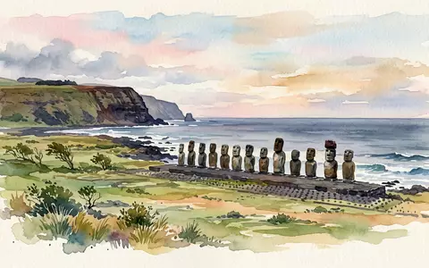 Aquarellillustration des Wahrzeichens Moai von Osterinsel in Hanga Roa Chile, weiche Farbverläufe und pastelliges Reiseposter-Feeling - Foto: THN