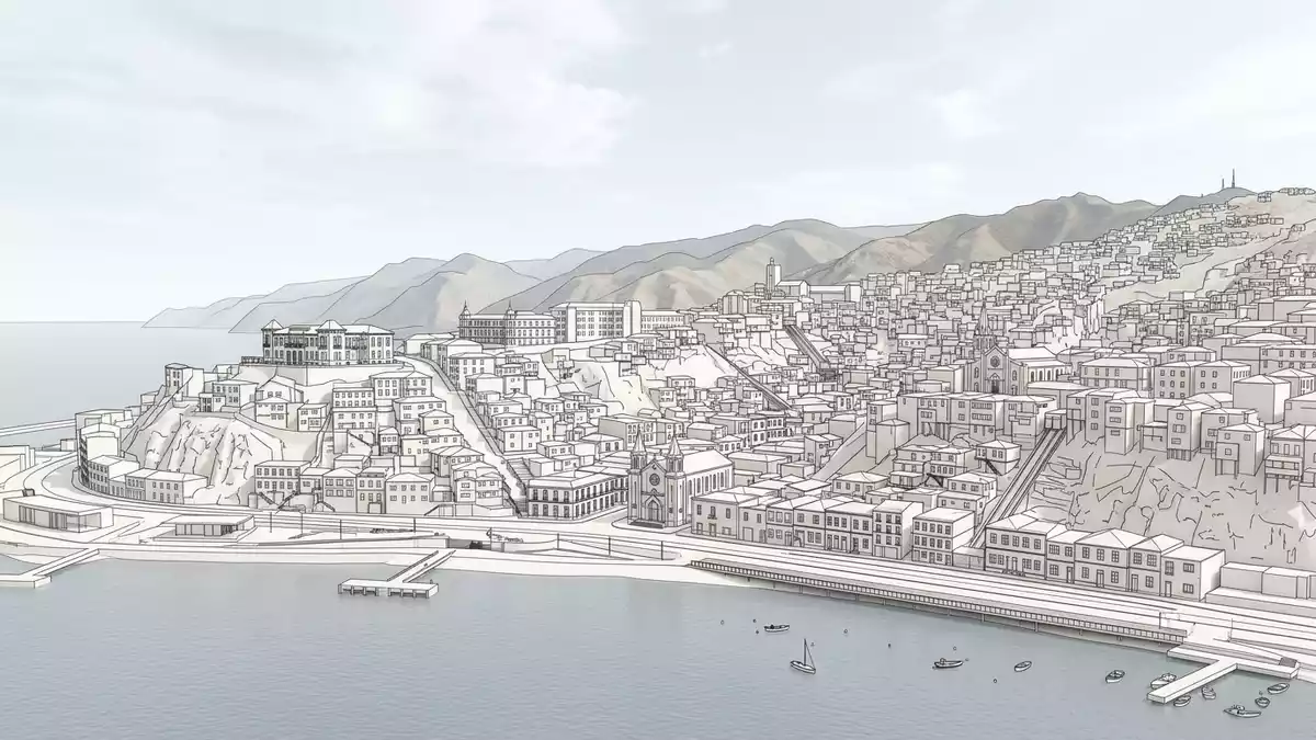 Architektur-Render von Valparaiso Altstadt in Valparaiso, Chile bei Tageslicht
