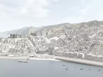 Moderner Architektur-Render zeigt Silhouette von Valparaiso Altstadt in Valparaiso Chile, klare Linien und neutrales Tageslicht - Foto: THN