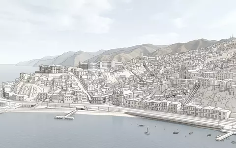 Moderner Architektur-Render zeigt Silhouette von Valparaiso Altstadt in Valparaiso Chile, klare Linien und neutrales Tageslicht - Foto: THN