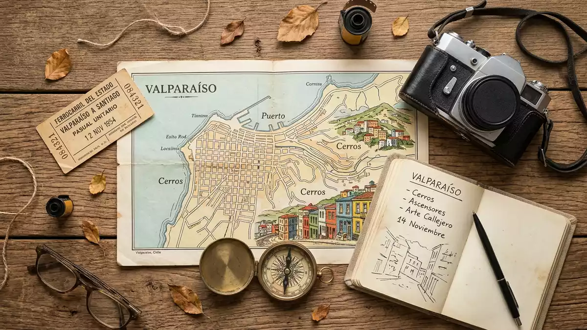 Flatlay-Reise-Arrangement rund um Valparaiso Altstadt in Valparaiso, Chile