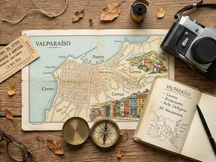 Flatlay-Reise-Arrangement rund um Valparaiso Altstadt in Valparaiso Chile, Karte Kompass Kamera und generische Reiserequisiten - Foto: THN
