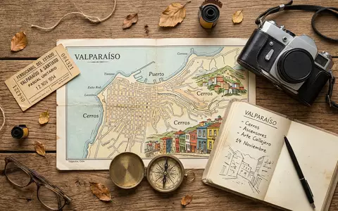 Flatlay-Reise-Arrangement rund um Valparaiso Altstadt in Valparaiso Chile, Karte Kompass Kamera und generische Reiserequisiten - Foto: THN