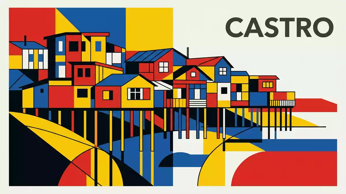 Bauhaus-Poster als Abstraktion von Chiloe Palafitos in Castro, Chile