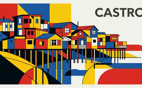 Bauhaus-Poster als geometrische Abstraktion von Chiloe Palafitos in Castro Chile, kraeftige Grundfarben und harte Formkanten - Foto: THN