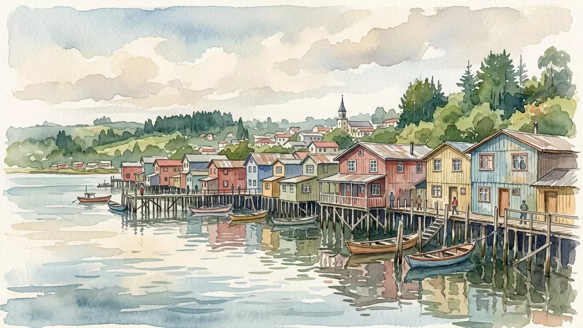 Aquarell-Illustration von Chiloe Palafitos in Castro, Chile als Reiseposter