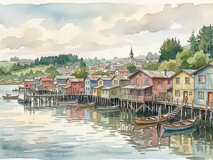 Aquarellillustration des Wahrzeichens Chiloe Palafitos in Castro Chile, weiche Farbverläufe und pastelliges Reiseposter-Feeling - Foto: THN
