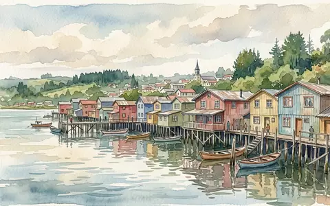 Aquarellillustration des Wahrzeichens Chiloe Palafitos in Castro Chile, weiche Farbverläufe und pastelliges Reiseposter-Feeling - Foto: THN