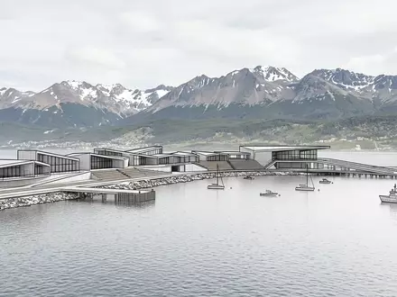 Moderner Architektur-Render zeigt Silhouette von Ushuaia Beagle-Kanal in Ushuaia Argentinien, klare Linien und neutrales Tageslicht - Foto: THN