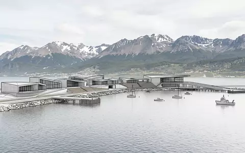 Moderner Architektur-Render zeigt Silhouette von Ushuaia Beagle-Kanal in Ushuaia Argentinien, klare Linien und neutrales Tageslicht - Foto: THN