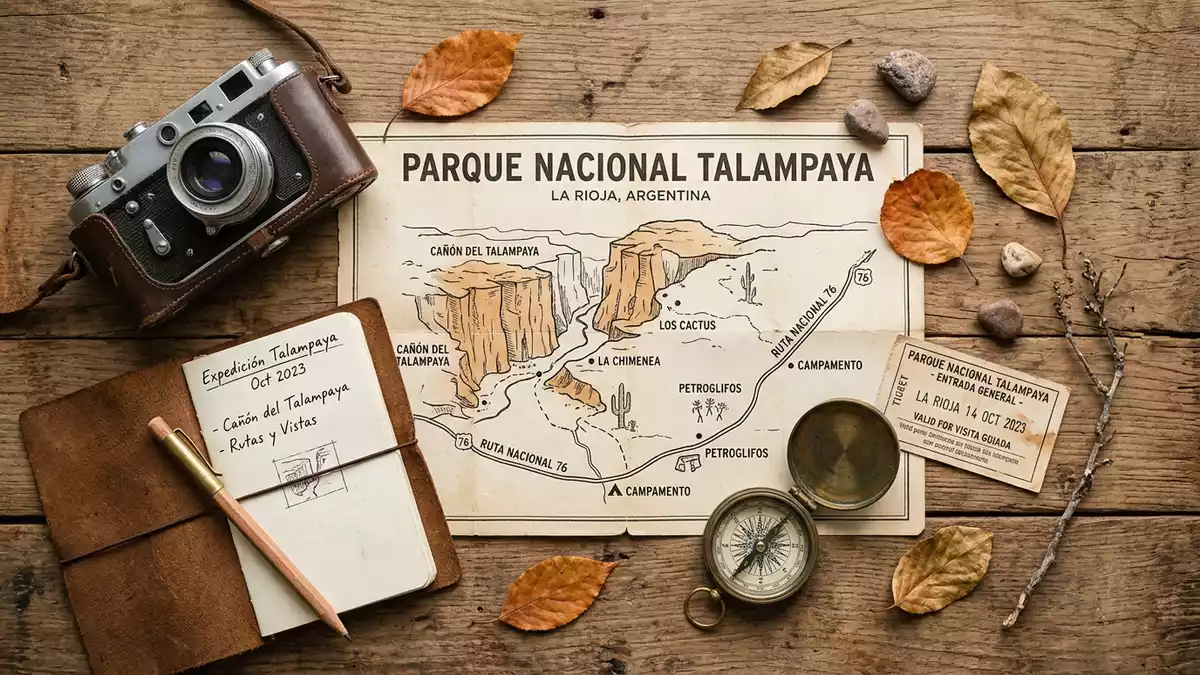 Flatlay-Reise-Arrangement rund um Talampaya-Nationalpark in La Rioja, Argentinien