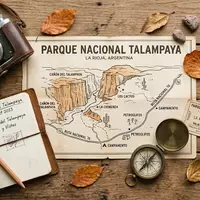 Flatlay-Reise-Arrangement rund um Talampaya-Nationalpark in La Rioja Argentinien, Karte Kompass Kamera und generische Reiserequisiten - Foto: THN