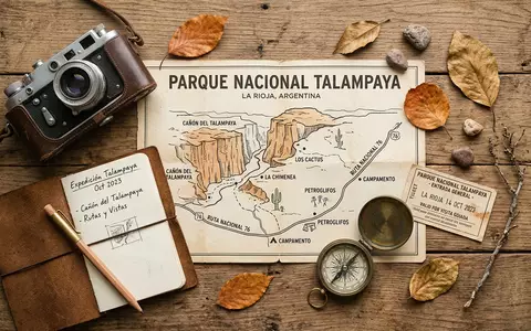 Flatlay-Reise-Arrangement rund um Talampaya-Nationalpark in La Rioja Argentinien, Karte Kompass Kamera und generische Reiserequisiten - Foto: THN