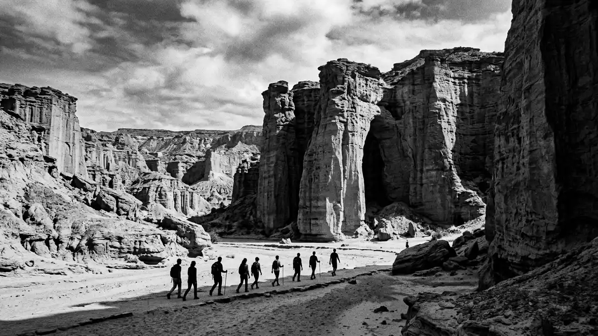 Schwarzweiss-Reportage vom Wahrzeichen Talampaya-Nationalpark in La Rioja, Argentinien
