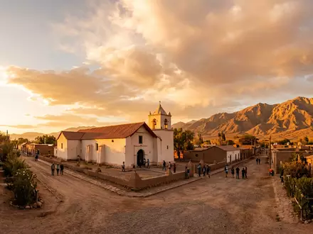 Fotorealistische Panoramaaufnahme von San Pedro de Atacama in San Pedro de Atacama Chile, warmes Abendlicht - Foto: THN