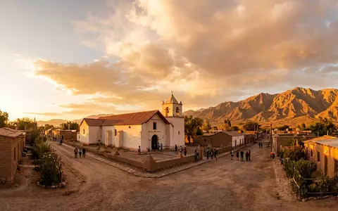Fotorealistische Panoramaaufnahme von San Pedro de Atacama in San Pedro de Atacama Chile, warmes Abendlicht - Foto: THN