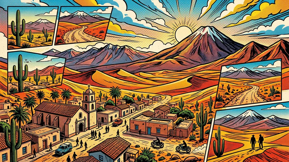 Pop-Art-Comic von San Pedro de Atacama in San Pedro de Atacama, Chile mit Rasterpunkten