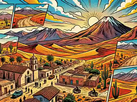 Pop-Art-Comicillustration des Wahrzeichens San Pedro de Atacama in San Pedro de Atacama Chile, kraeftige Konturen - Foto: THN
