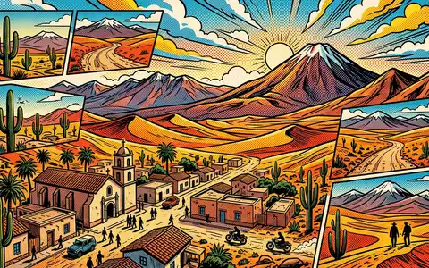 Pop-Art-Comicillustration des Wahrzeichens San Pedro de Atacama in San Pedro de Atacama Chile, kraeftige Konturen - Foto: THN