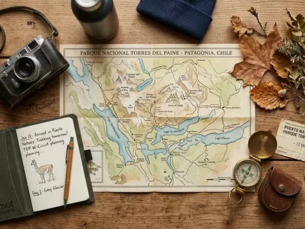Flatlay-Reise-Arrangement rund um Torres del Paine in Puerto Natales Chile, Karte Kompass Kamera und generische - Foto: THN
