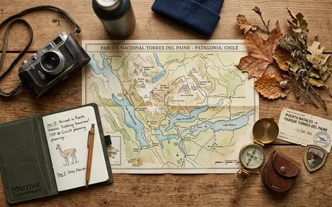 Flatlay-Reise-Arrangement rund um Torres del Paine in Puerto Natales Chile, Karte Kompass Kamera und generische - Foto: THN