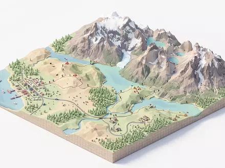Isometrisches Diorama von Torres del Paine und Umgebung in Puerto Natales Chile, verspielte Low-Poly-Kulisse in - Foto: THN
