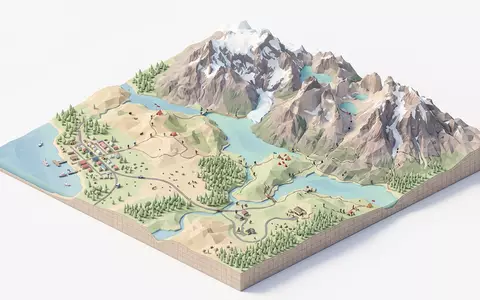 Isometrisches Diorama von Torres del Paine und Umgebung in Puerto Natales Chile, verspielte Low-Poly-Kulisse in - Foto: THN