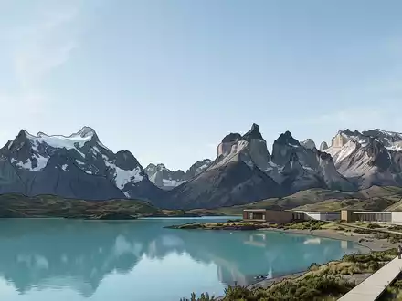 Moderner Architektur-Render zeigt Silhouette von Torres del Paine in Puerto Natales Chile, klare Linien und - Foto: THN