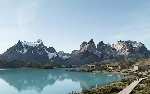 Moderner Architektur-Render zeigt Silhouette von Torres del Paine in Puerto Natales Chile, klare Linien und - Foto: THN