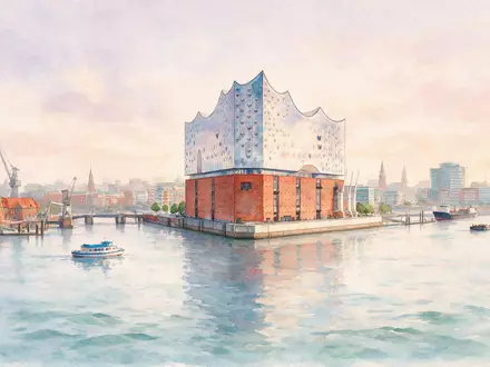 Aquarellillustration des Wahrzeichens Elbphilharmonie Hamburg in Hamburg Deutschland, weiche Farbverläufe und pastelliges Reiseposter-Feeling - Foto: THN