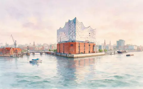 Aquarellillustration des Wahrzeichens Elbphilharmonie Hamburg in Hamburg Deutschland, weiche Farbverläufe und pastelliges Reiseposter-Feeling - Foto: THN
