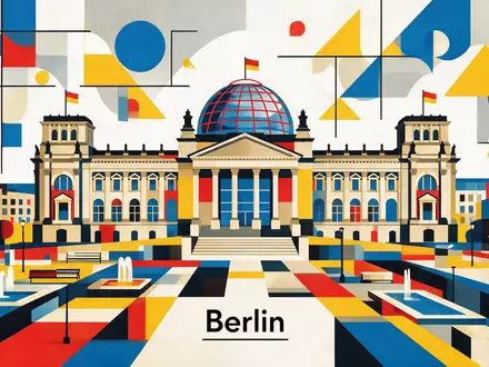 Bauhaus-Poster als geometrische Abstraktion von Reichstag Berlin in Berlin Deutschland, kraeftige Grundfarben und harte Formkanten - Foto: THN