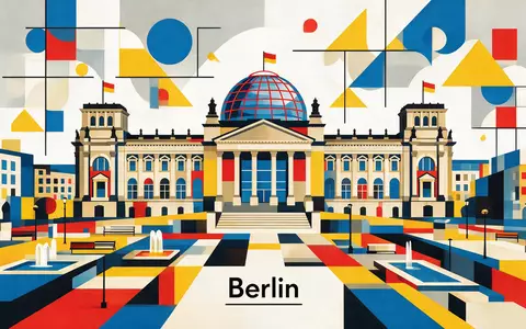 Bauhaus-Poster als geometrische Abstraktion von Reichstag Berlin in Berlin Deutschland, kraeftige Grundfarben und harte Formkanten - Foto: THN