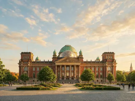 Fotorealistische Panoramaaufnahme von Reichstag Berlin in Berlin Deutschland, warmes Abendlicht auf Wahrzeichen - Foto: THN