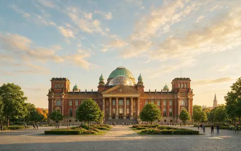 Fotorealistische Panoramaaufnahme von Reichstag Berlin in Berlin Deutschland, warmes Abendlicht auf Wahrzeichen - Foto: THN