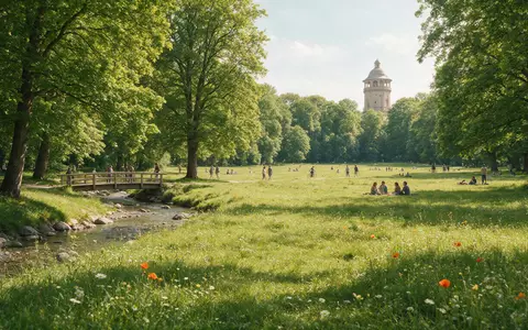 Editorialbild im Reisemagazin-Stil vom Wahrzeichen Englischer Garten München in München Deutschland, ausgewogene Bildgestaltung und natuerliches - Foto: THN