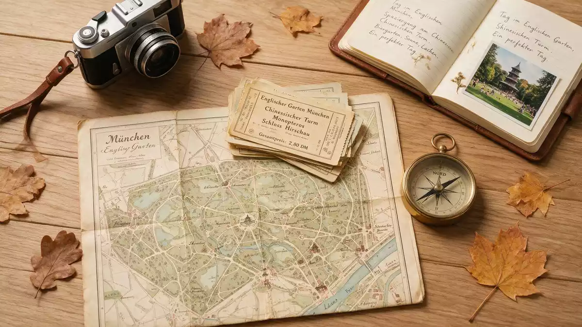 Flatlay-Reise-Arrangement rund um Englischer Garten München in München, Deutschland