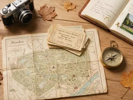Flatlay-Reise-Arrangement rund um Englischer Garten München in München Deutschland, Karte Kompass Kamera und generische Reiserequisiten - Foto: THN