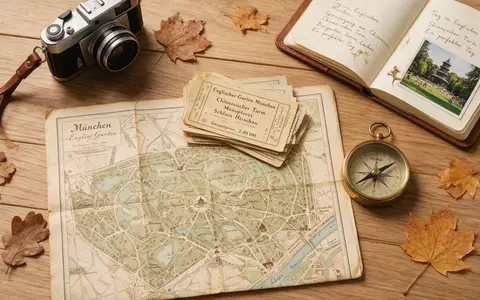 Flatlay-Reise-Arrangement rund um Englischer Garten München in München Deutschland, Karte Kompass Kamera und generische Reiserequisiten - Foto: THN