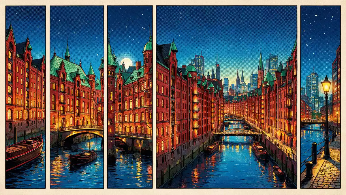 Pop-Art-Comic von Speicherstadt Hamburg in Hamburg, Deutschland mit Rasterpunkten
