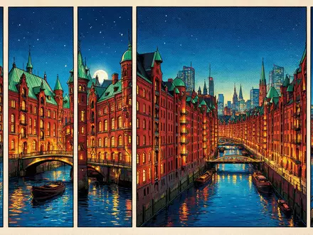 Pop-Art-Comicillustration des Wahrzeichens Speicherstadt Hamburg in Hamburg Deutschland, kraeftige Konturen Rasterpunkte und satte Farben - Foto: THN