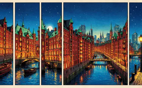 Pop-Art-Comicillustration des Wahrzeichens Speicherstadt Hamburg in Hamburg Deutschland, kraeftige Konturen Rasterpunkte und satte Farben - Foto: THN