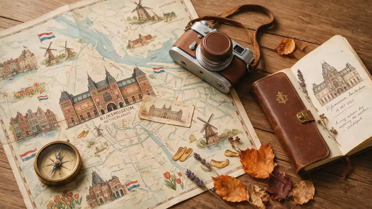 Flatlay-Reise-Arrangement rund um Rijksmuseum Amsterdam in Amsterdam, Niederlande