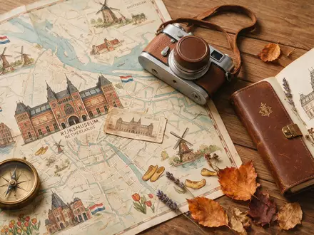 Flatlay-Reise-Arrangement rund um Rijksmuseum Amsterdam in Amsterdam Niederlande, Karte Kompass Kamera und generische Reiserequisiten - Foto: THN