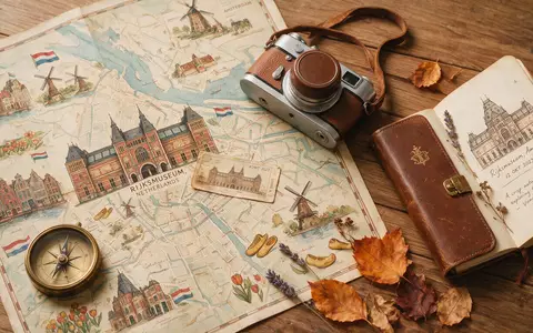 Flatlay-Reise-Arrangement rund um Rijksmuseum Amsterdam in Amsterdam Niederlande, Karte Kompass Kamera und generische Reiserequisiten - Foto: THN
