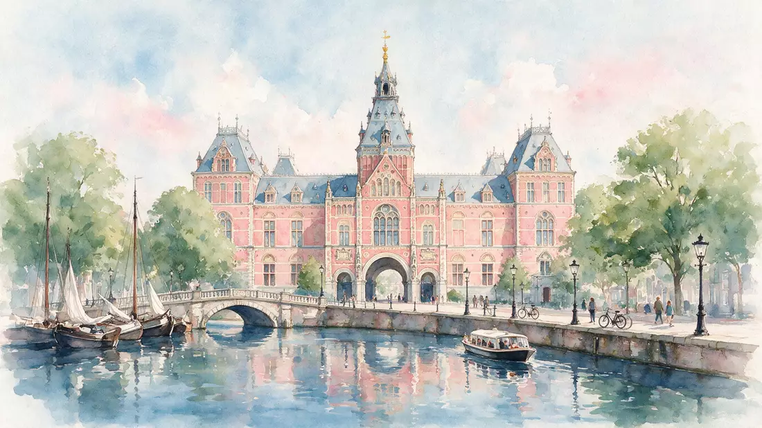 Aquarell-Illustration von Rijksmuseum Amsterdam in Amsterdam, Niederlande als Reiseposter