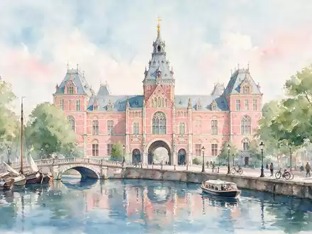 Aquarellillustration des Wahrzeichens Rijksmuseum Amsterdam in Amsterdam Niederlande, weiche Farbverläufe und pastelliges Reiseposter-Feeling - Foto: THN