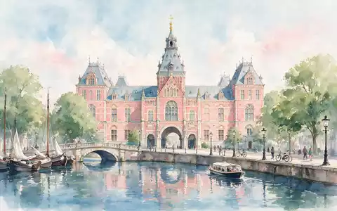 Aquarellillustration des Wahrzeichens Rijksmuseum Amsterdam in Amsterdam Niederlande, weiche Farbverläufe und pastelliges Reiseposter-Feeling - Foto: THN