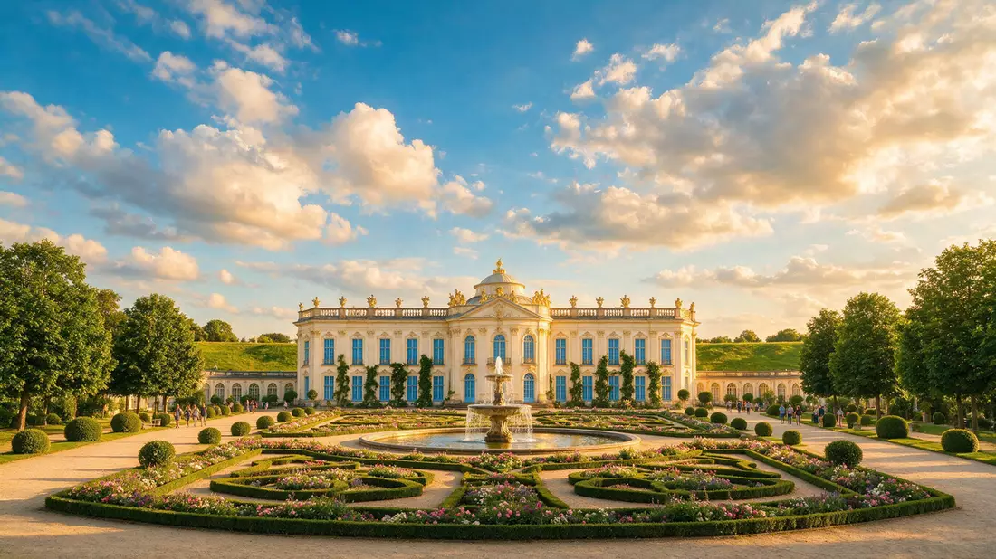 Fotorealistische Ansicht von Schloss Sanssouci in Potsdam, Deutschland im Abendlicht
